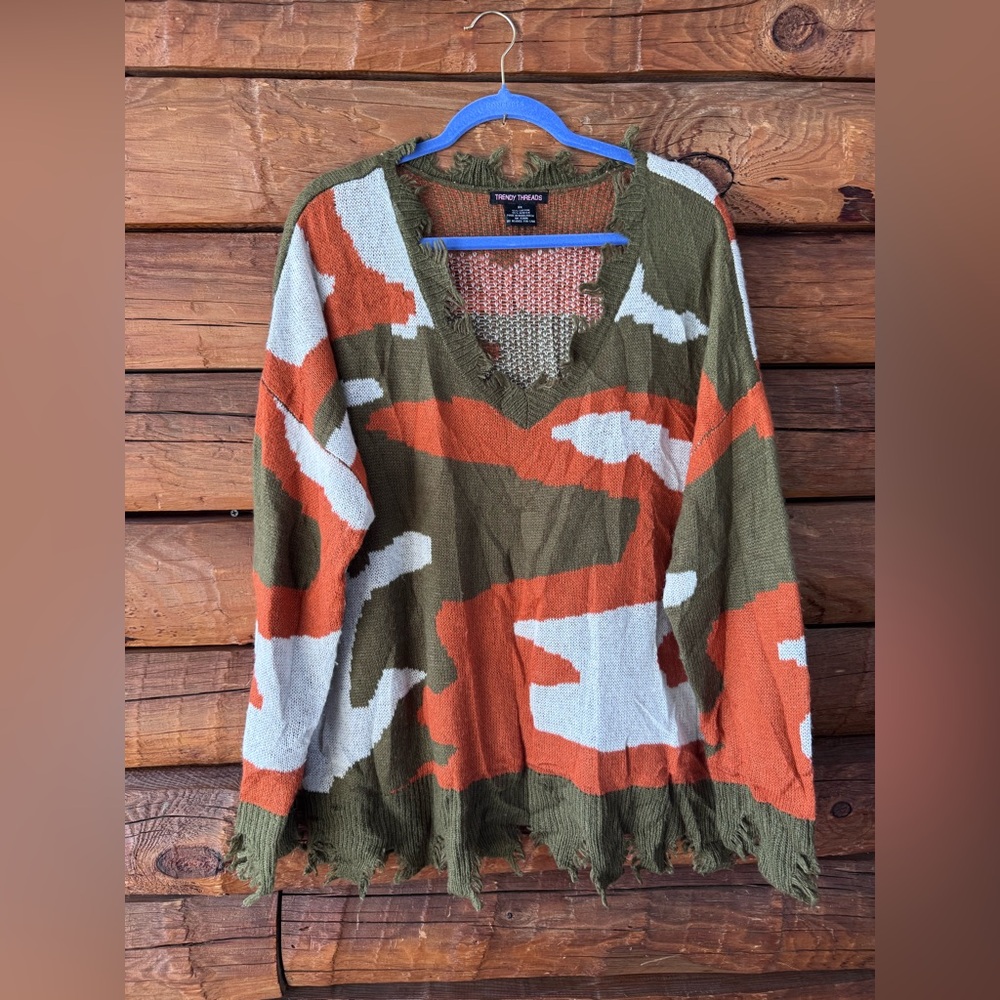Trendy threads size 3x Camo Knit Sweater with Frayed Hem
